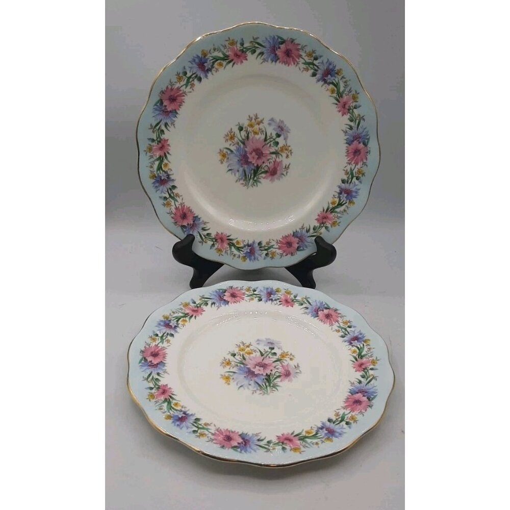 Vintage Foley Blue Cornflower 10 1/4 in Dinner Plates Set of 2 Bone China